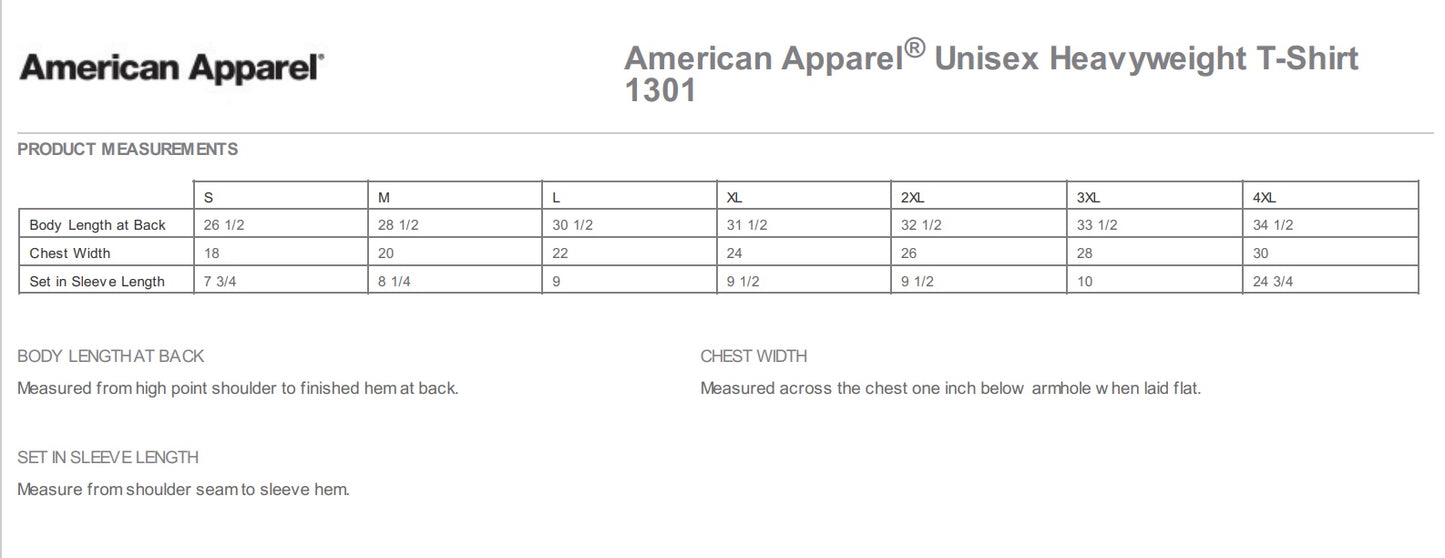 Measurement chart for the clothing line American Apparel