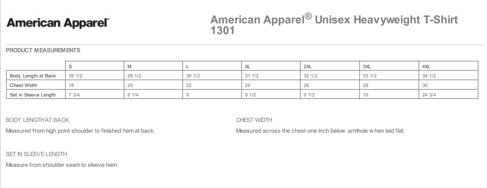 Measurement chart for the clothing line American Apparel