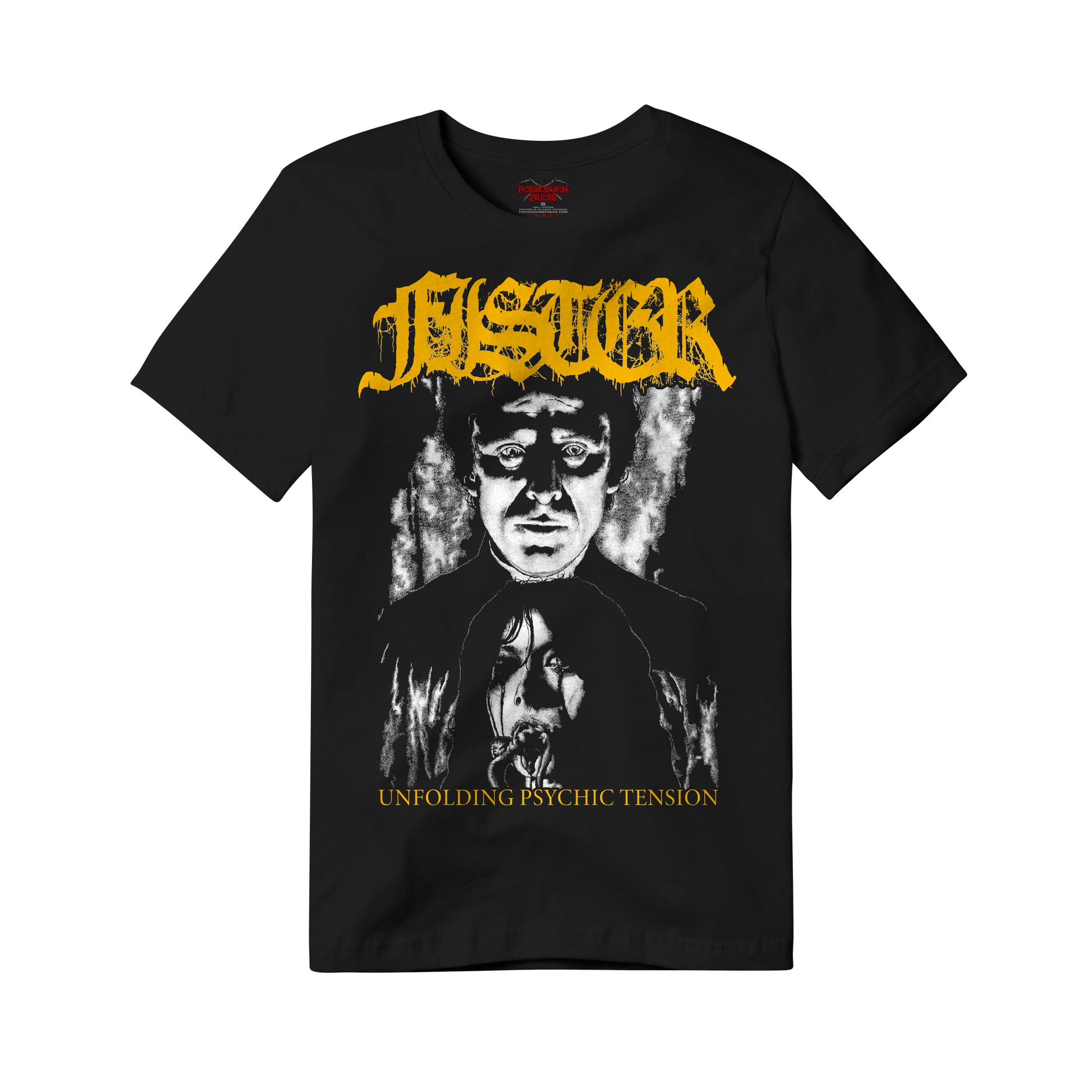 Black t-shirt with white graphic design and yellow 'FISTER' text on a white background