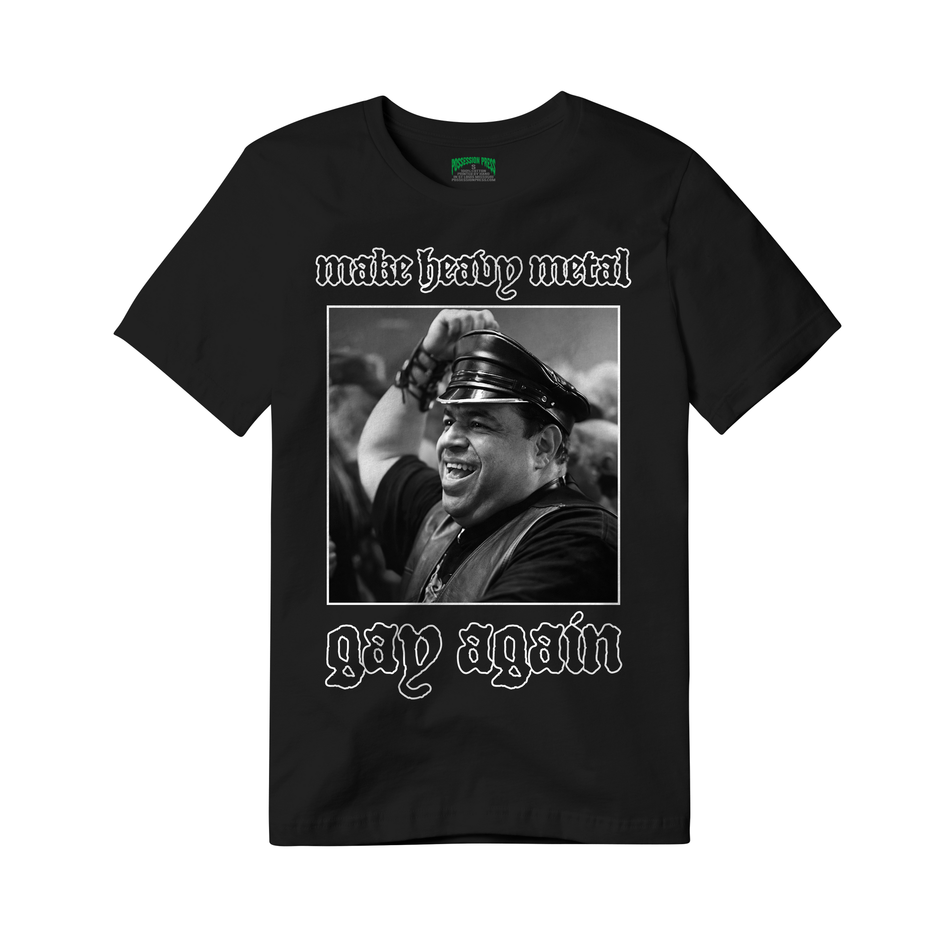 Black t-shirt with text "make heavy metal gay again" and picture of Vito