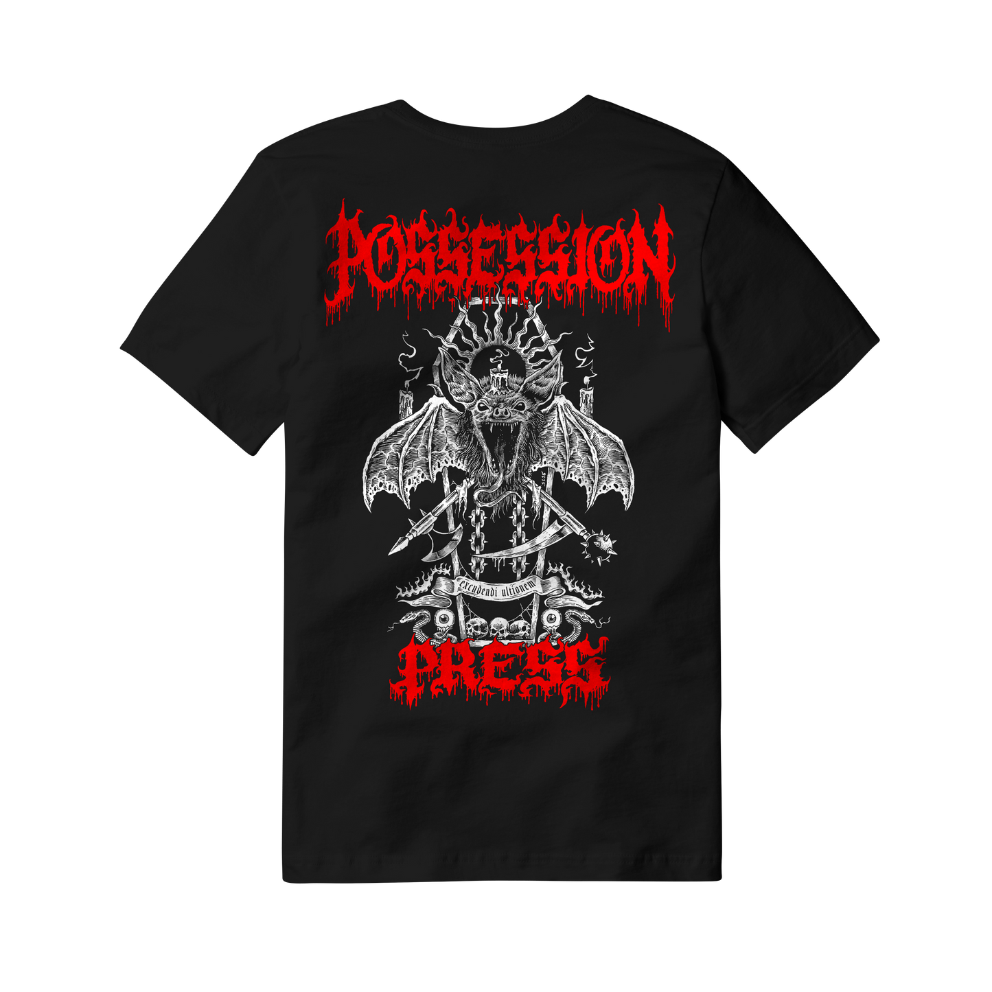 Black t-shirt with white graphic design of a coffin bat and red text 'Possession Press' on a white background