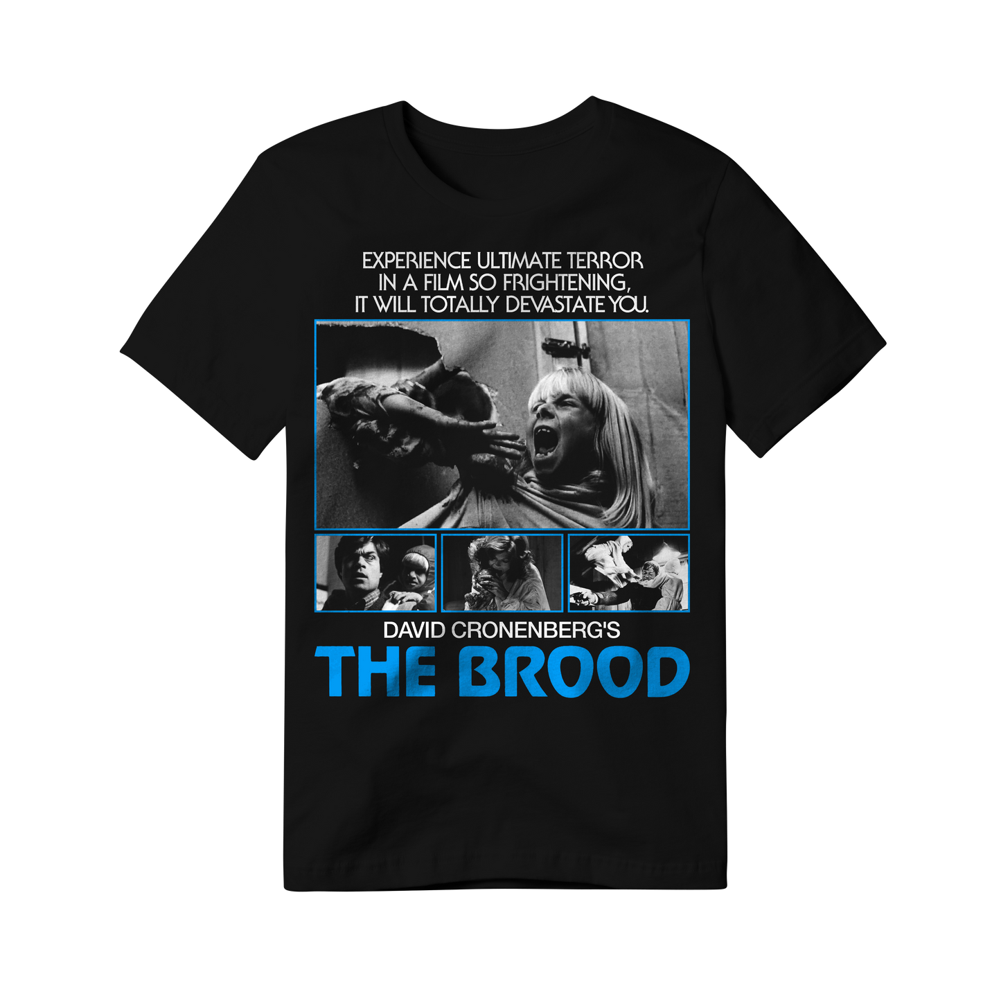 Black t-shirt with a graphic print of 'The Brood' movie poster, featuring a screaming woman and a creature. The text on the shirt reads 'EXPERIENCE ULTIMATE TERROR.