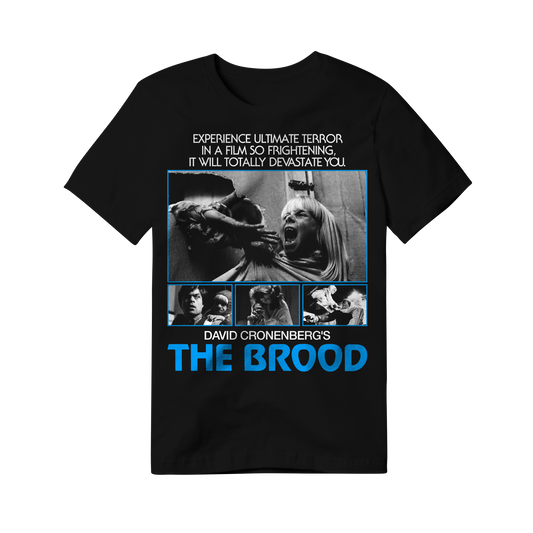 Black t-shirt with a graphic print of 'The Brood' movie poster, featuring a screaming woman and a creature. The text on the shirt reads 'EXPERIENCE ULTIMATE TERROR.