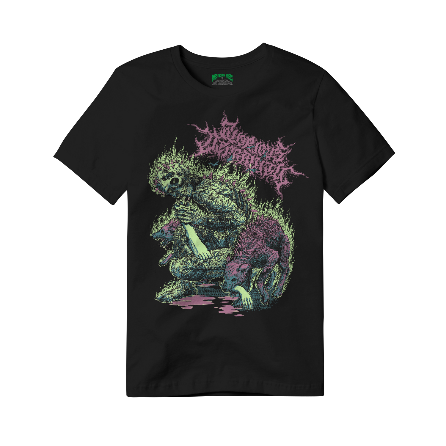 Black t-shirt with a purple, blue and green graphic design of a creature and 'Glorious Depravity' text in purple