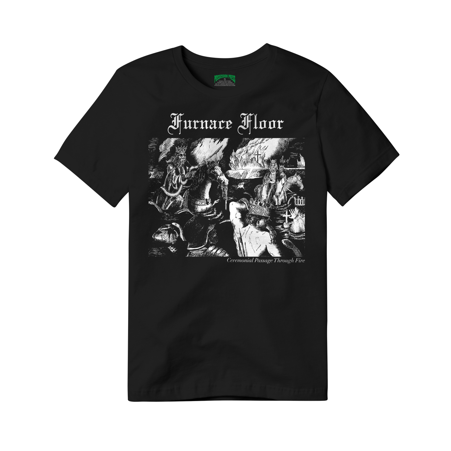 Black t-shirt with graphic design and 'Furnace Floor' text 