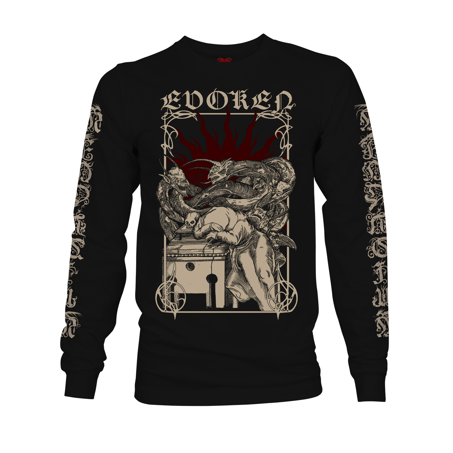 Black long-sleeve shirt with intricate design and 'Evoken' branding 