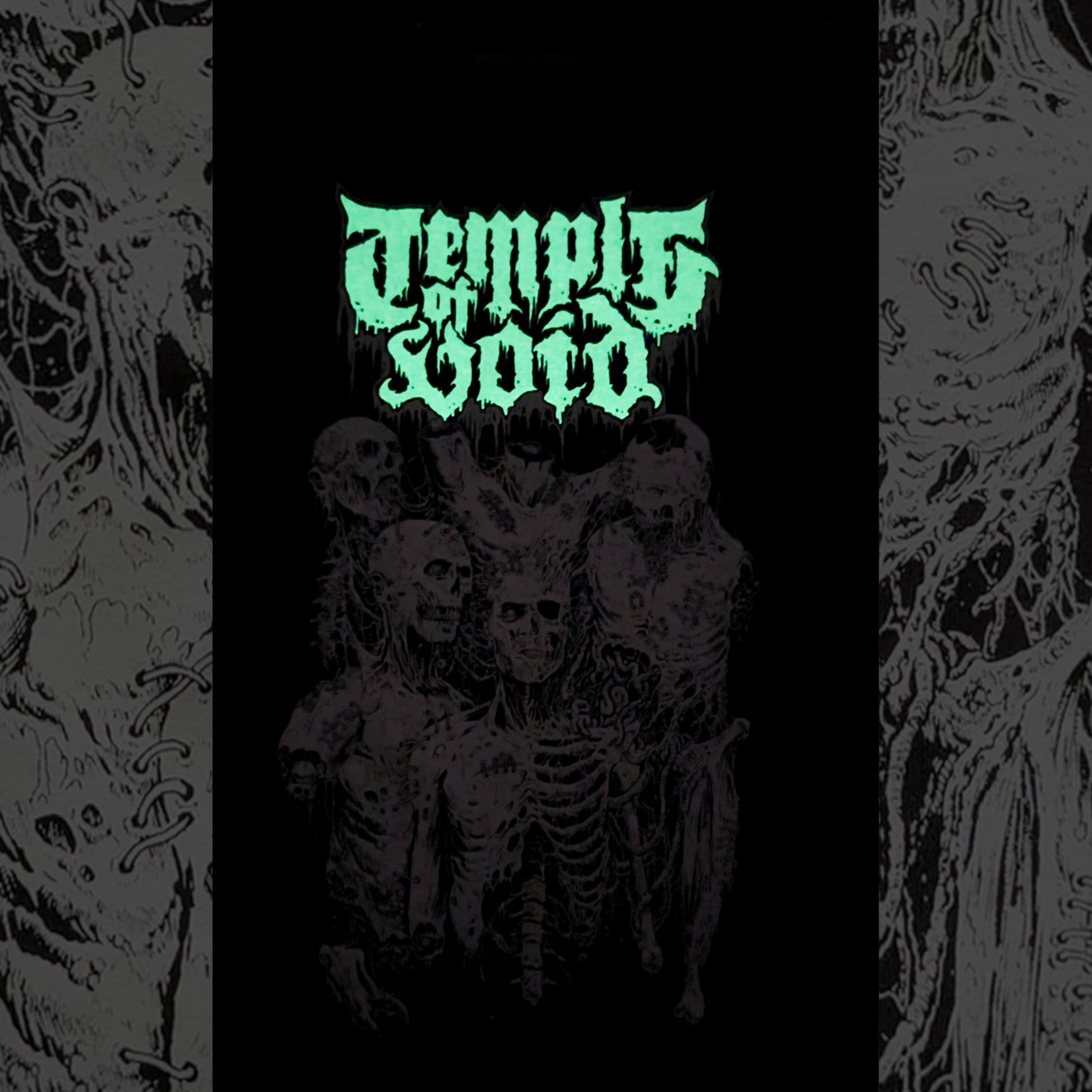 Dark cover with green text 'Temple of Void' and black and white illustrations of people and skeletons.